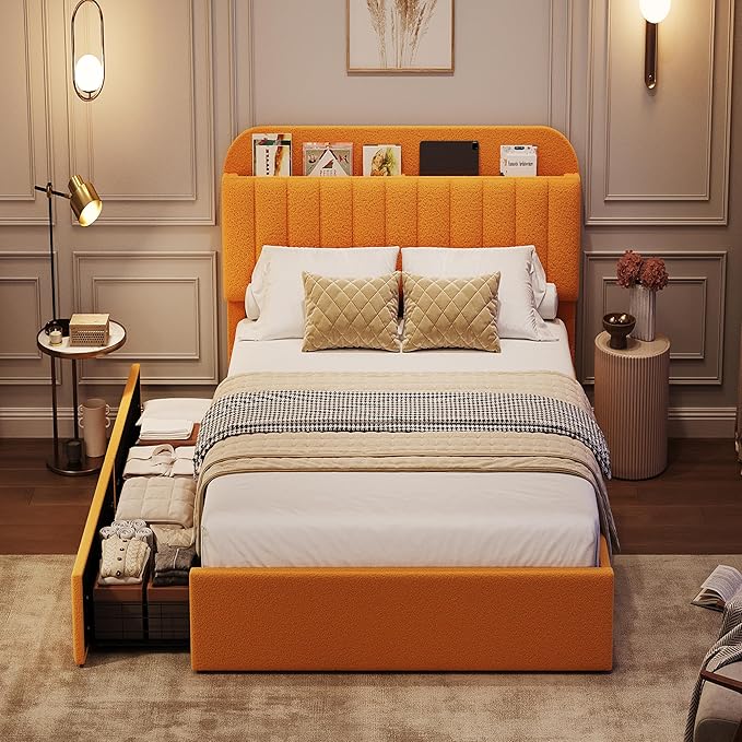 GarveeHome Twin Bed Frame with Storage Headboard, Kids Bed Frame with 2 Drawers, Boucle Upholstered Platform Bed with Bookcase, No Box Spring Needed, Easy Assembly, Yellow