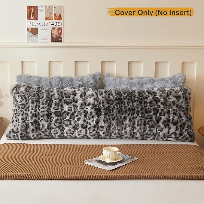 LIFEREVO Leopard Print 20 x 54 Faux Rabbit Fur Body Pillow Cover, Comfy Cheetah Print Bubble Shaggy Bed Pillowcase with Zipper, Long Plush Furry Farmhouse Pillow Case for Adults Kids Girls Teens, Grey