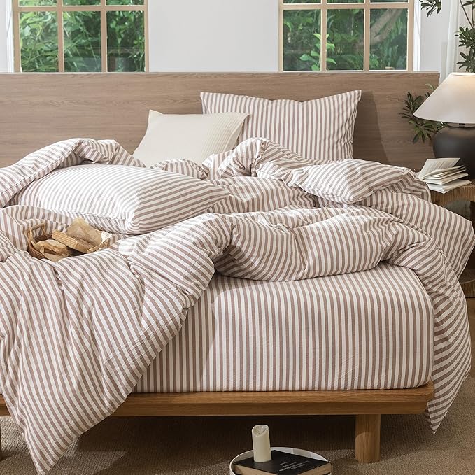 MooMee Striped Duvet Cover Set 100% Washed Cotton Linen Like Textured Breathable Durable Soft Comfy (Orange Classic Stripes, Queen 90"x90")