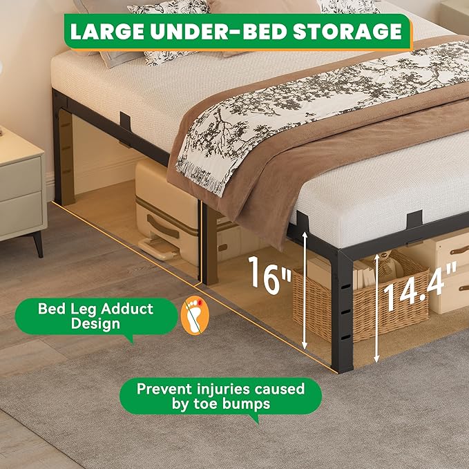 16 Inch Queen Bed Frames,Heavy Duty Metal Queen Size Platform 3500 lbs Capacity, No Box Spring Needed, 6 Mattress Slide Stopper, Headboard Holes, Noise-Free, Easy Assembly
