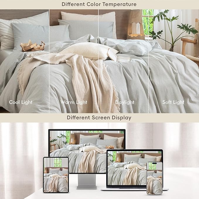 MooMee Striped Duvet Cover Set 100% Washed Cotton Linen Like Textured Breathable Durable Soft Comfy (Heathered Green Pinstripes, Oversized Full 82"x86")