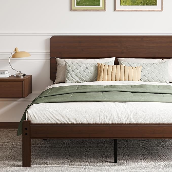 BOSRII 14in High Solid Bamboo Wood Platform Queen Size Bed Frame with Headboard, Reinforced Heavy Duty Metal Slats, Noise Free, No Box Spring Needed, Easy Assembly, Walnut