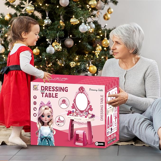 Toddler Vanity Makeup Table Toy with Mirror&Chair，Kids Vanity Set with Light&Music、Pretend Play Makeup Accessories with Hair Dryer Toy，Gift for Girls and Toddlers2 3 4 5 6Years Old