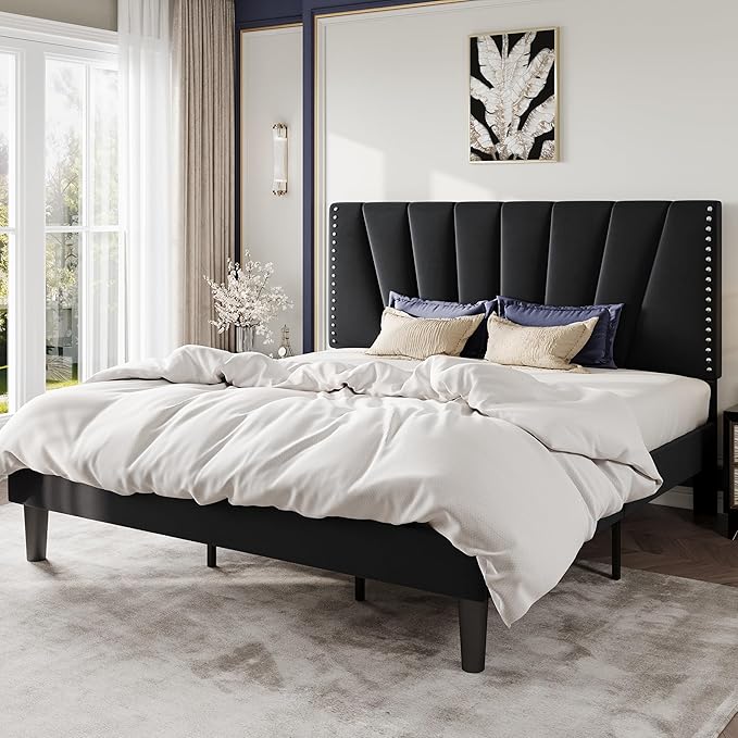 SHA CERLIN King Size Bed Frame with Adjustable Upholstered Velvet Rivets Headboard, Sturdy Wooden Slats, Strong Platform Support for Mattress, No Box Spring Needed, Easy Assembly, Black
