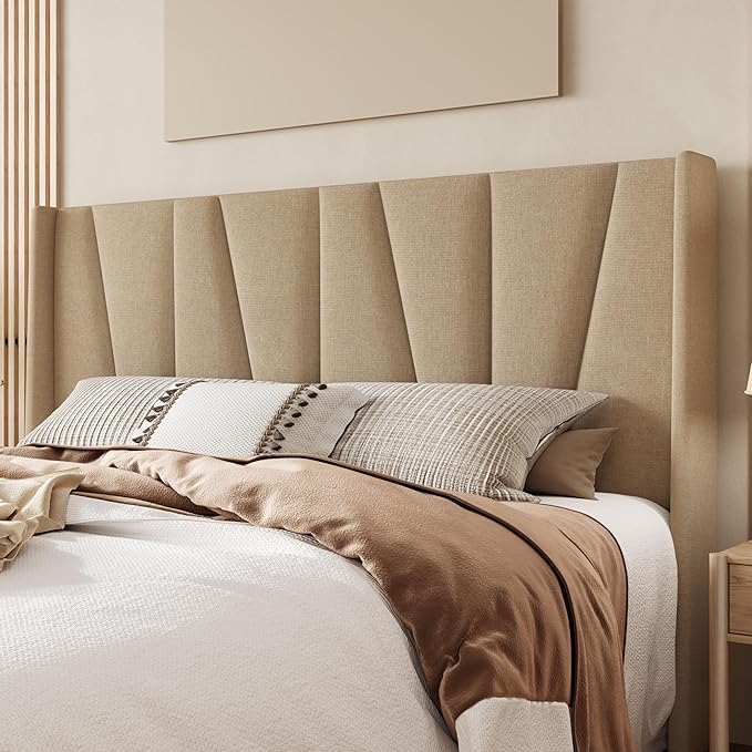 Allewie King Size Platform Bed Frame with Geometric Wingback Headboard, Boho Upholstered Bed with Wooden Slats Support, No Box Spring Needed, Easy Assembly, Beige