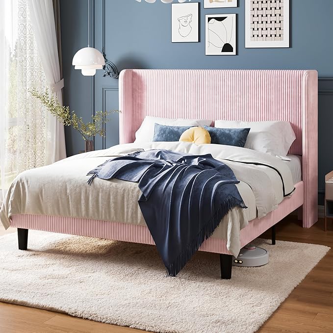 Allewie Queen Size Bed Frame with Upholstered Wingback Headboard, Vertical Channel Tufted Corduroy Velvet Platform Bed, Strong Wooden Slats Support, No Box Spring Needed, Easy Assembly, Light Pink