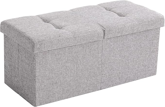 Storage Ottoman Bench Foldable Seat Footrest End of Bed Ottoman with Flipping Lid for Living Room, 75L, 30 inches Linen Fabric Grey