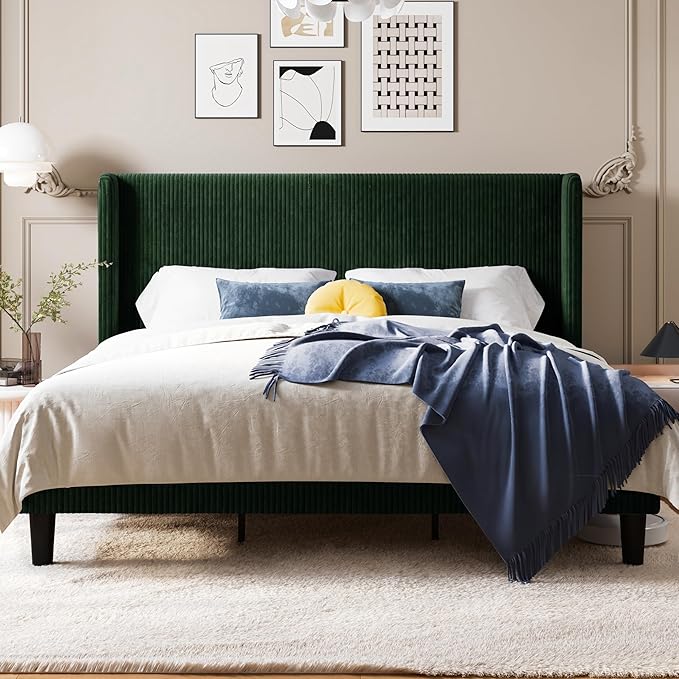 Allewie King Size Bed Frame with Upholstered Wingback Headboard, Vertical Channel Tufted Corduroy Velvet Platform Bed, Strong Wooden Slats Support, No Box Spring Needed, Easy Assembly, Dark Green