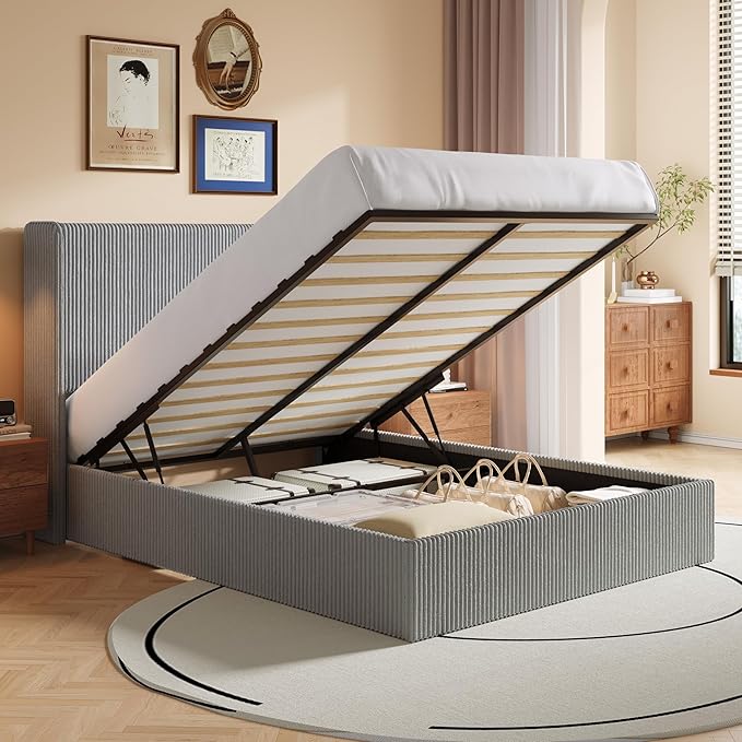 SHA CERLIN Queen Size Lift Up Storage Bed Frame, Modern Upholstered Wingback Headboard, Hydraulic Support & Underneath Storage, Soft Corduroy Fabric Platform Bed, No Box Spring Needed, Light Grey