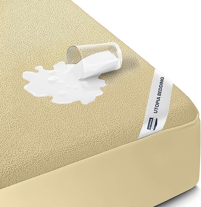 King Size Mattress Protector Waterproof, Premium 200 GSM Terry Mattress Cover, Soft & Breathable Bed Cover, Fitted Sheet Style Stretchable Deep Pockets 17" by Utopia Bedding (Beige)