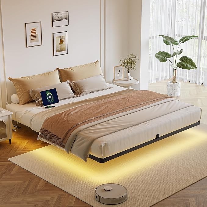 Decofy King Size Floating Bed Frame with LED Lights and Charging Station, Modern Minimalist Design, No Spring Mattress Required, Easy to Assemble