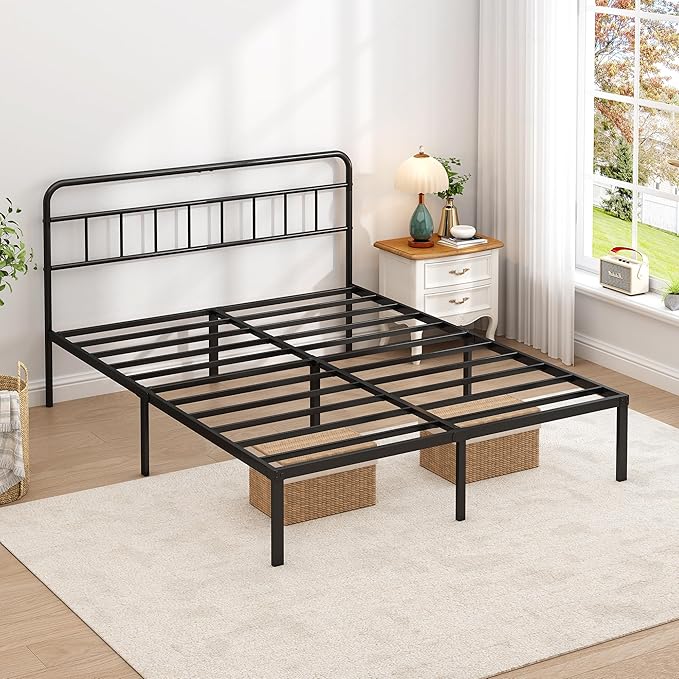 Queen Bed Frame with Classic Headboard,Strong Metal Slats Support,Under Bed Storage Space,No Box Spring Needed,Easy to Assemble,Black