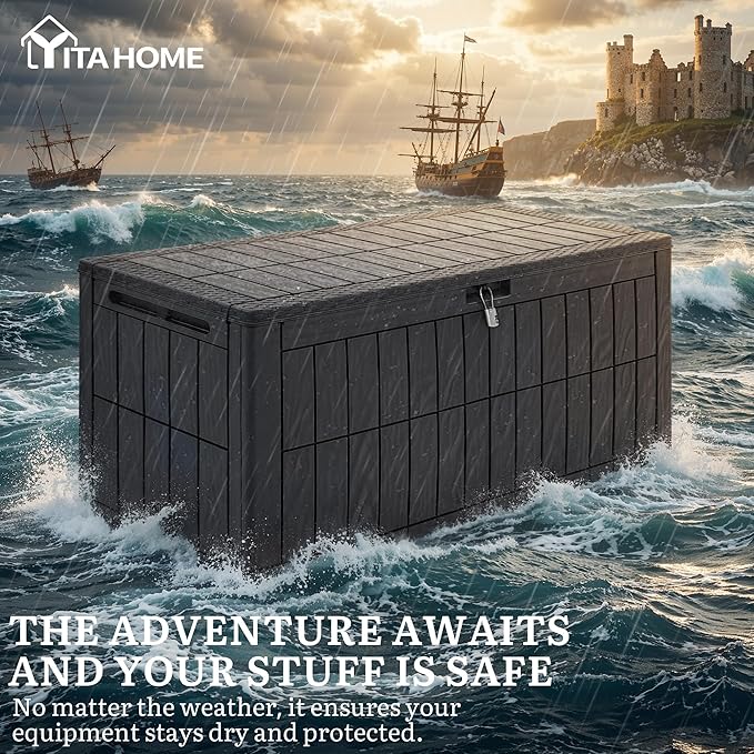 YITAHOME 110 Gallon Outdoor Deck Box, Waterproof Resin Storage Box with Lock, Lockable Patio Furniture Bin, 2-Person Bench Seating for Outdoor Cushions, Garden Tools & Sports/Pool Supplies, Dark Gray