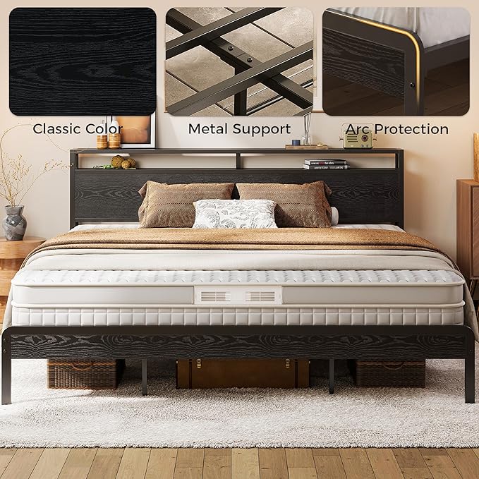 LIKIMIO King Bed Frame with Headboard, Dark Wood Camas King with Strong Supports, Sturdy, Noise-Free, No Box Spring Needed, Black
