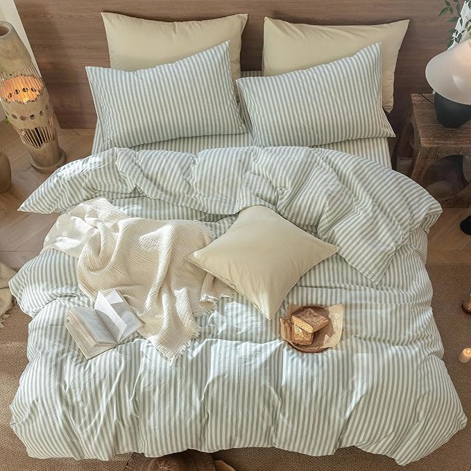 MooMee Striped Duvet Cover Set 100% Washed Cotton Linen Like Textured Breathable Durable Soft Comfy (Sage Green White Classic Stripes, Palatial King/Oversized King 120"x98")