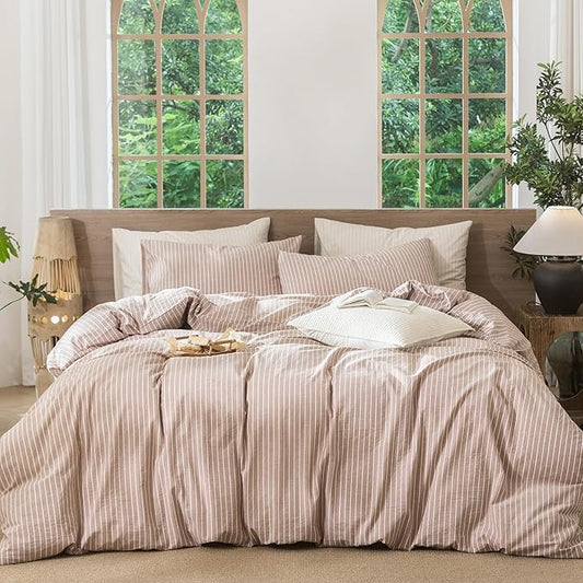 MooMee Striped Duvet Cover Set 100% Washed Cotton Linen Like Textured Breathable Durable Soft Comfy (Orange White Wide Stripes, King 104"x90")