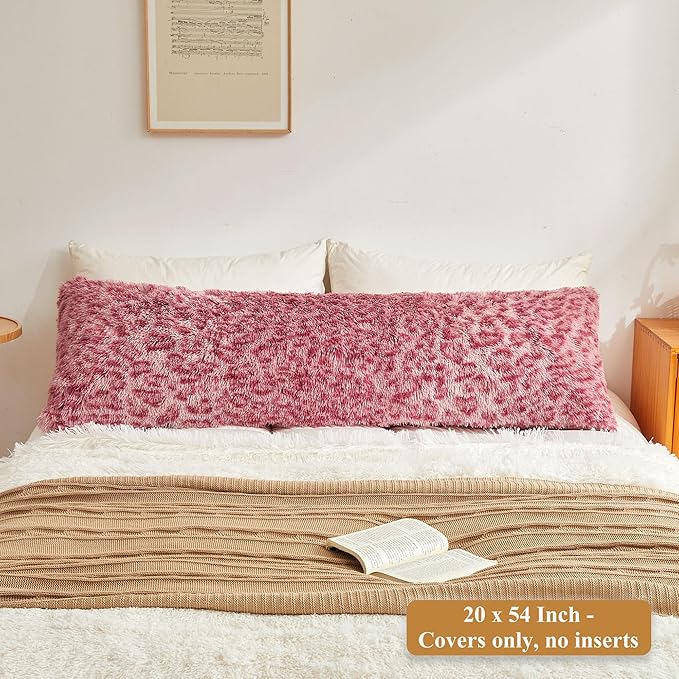 XeGe 20x54 Fluffy Cheetah Print Body Pillow Cover, Leopard Print Plush Fuzzy Faux Fur Body Pillowcase with Zipper, Farmhouse Shaggy Furry Long Pillow Cover for Women Side Sleeper, Pink