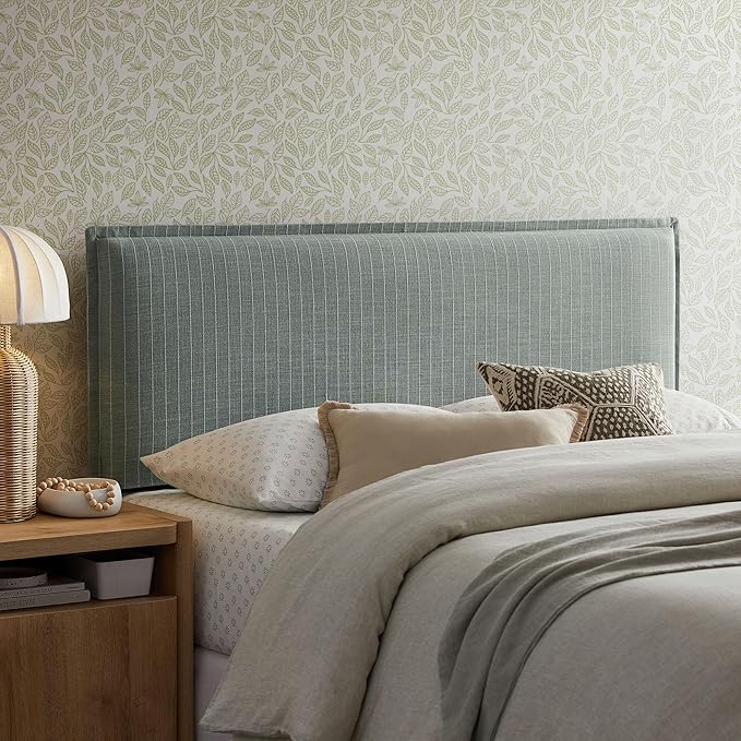 Modway Camille King Size Striped Linen Blend Pinstripe Headboard with Removable Slipcover – in Spa Blue Stripe - Padded Pillow Style Headboard with Adjustable Mounting for King Beds