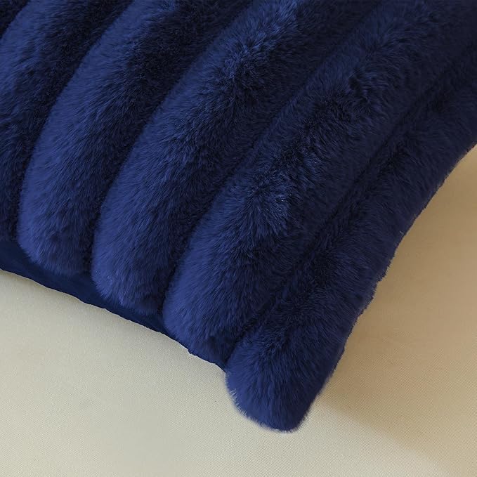 MEGO Fluffy Faux Rabbit Fur Body Pillow Cover, Luxury Plush Fuzzy Striped 20x54 Bed Body Pillowcase, Shaggy Furry Ribbed Bedroom Long Pillow Case with Zipper for Pregnant Women Side Sleeper, Navy Blue