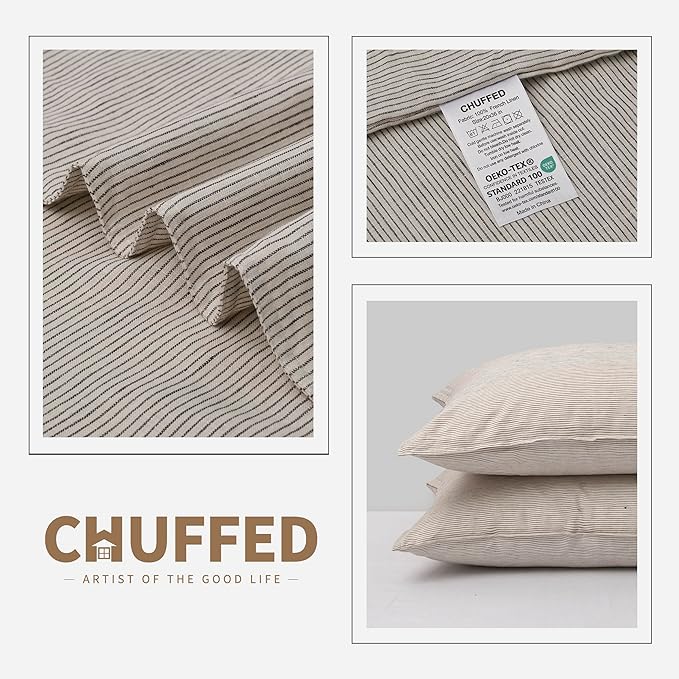 CHUFFED Linen Pillow Cases 2 Pack 100% Linen Pillowcases, Breathable and Cooling Washed King Pillow Shams with Zipper Closure, 20x36 Inches,Grey Stripe