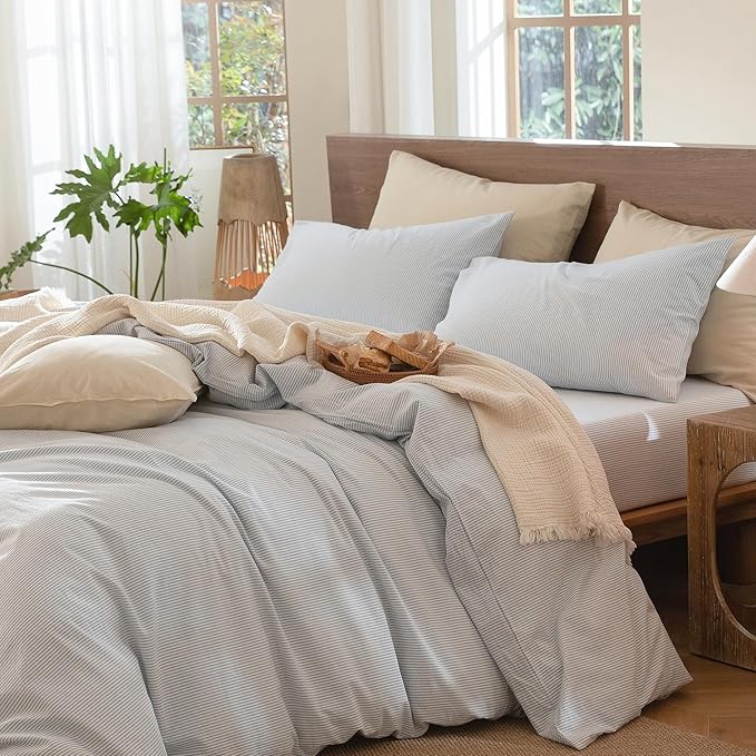 MooMee Striped Duvet Cover Set 100% Washed Cotton Linen Like Textured Breathable Durable Soft Comfy (Cornflower Blue White Pinstripes, Super Queen 90"x98")