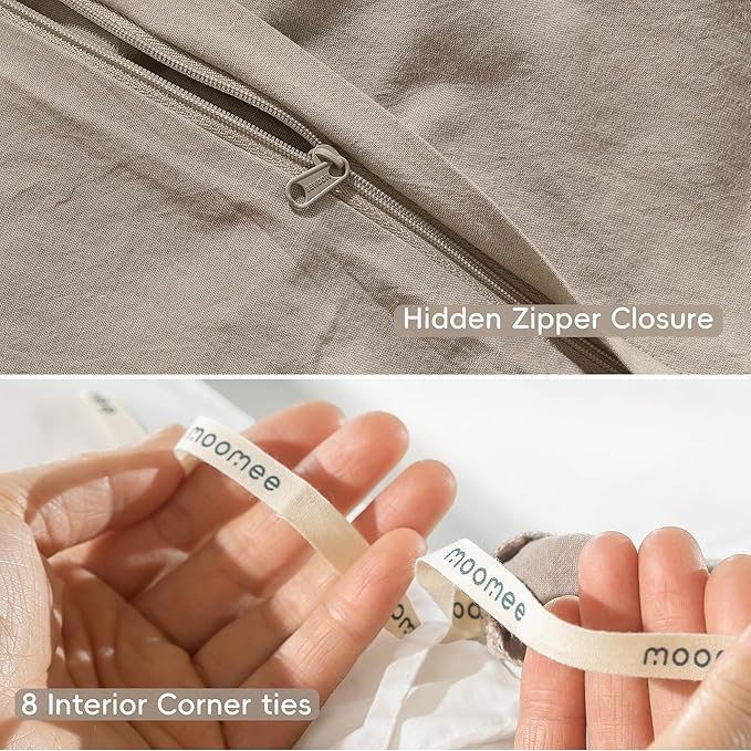 MooMee Bedding Duvet Cover Set 100% Washed Cotton Linen Like Textured Breathable Durable Soft Comfy (Heathered Taupe, Full 80"x90")