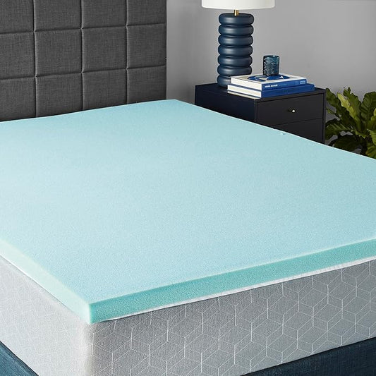 Amazon Basics Queen Cooling Gel-Infused Memory Foam Mattress Topper for Better Sleep, CertiPUR-US Certified, 2 inches, Blue