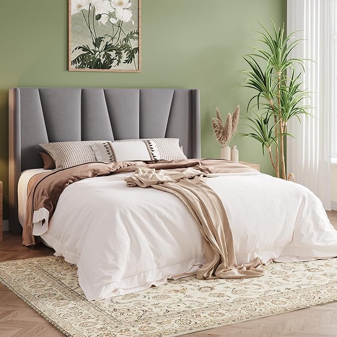 Allewie Queen Size Platform Velvet Bed Frame with Geometric Wingback Headboard, Boho Upholstered Bed with Wooden Slats Support, No Box Spring Needed, Easy Assembly, Light Grey