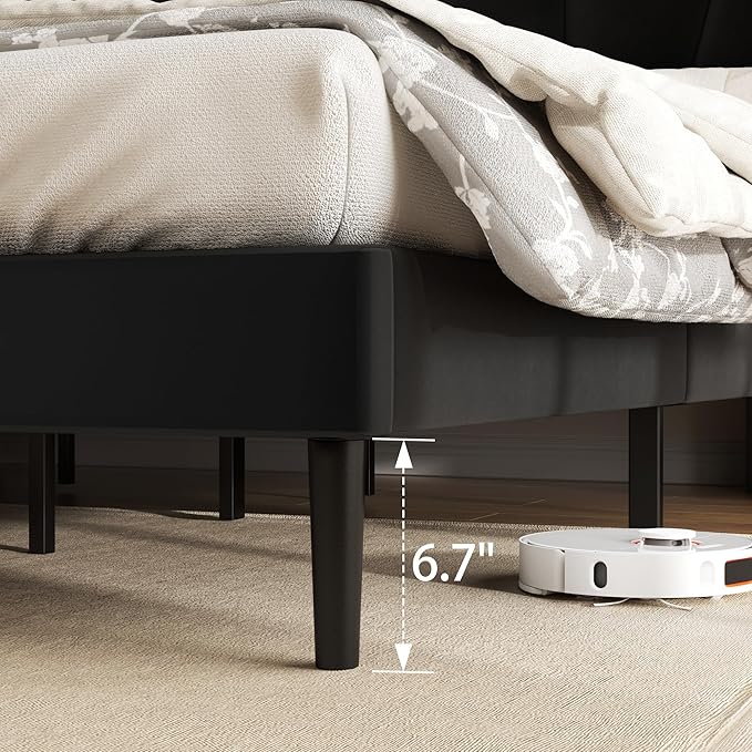 Sismplly King Bed Frame with Headboard, Velvet Upholstered King Size Platform Bed with Wingback, Mattress Foundation with Wooden Slat Support, No Box Spring Needed, Easy Assembly, Noise Free, Black