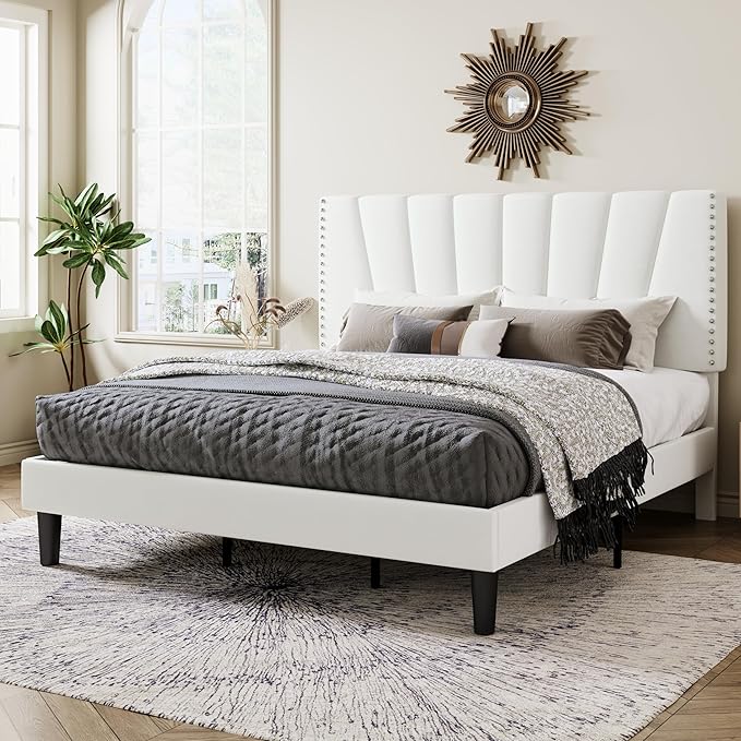 Allewie King Size Bed Frame with Adjustable Velvet Upholstered Headboard, Rivet-Style Nailhead Trim Detail Platform Bed Frame, Wooden Slat Support, No Box Spring Needed, Easy Assembly, White