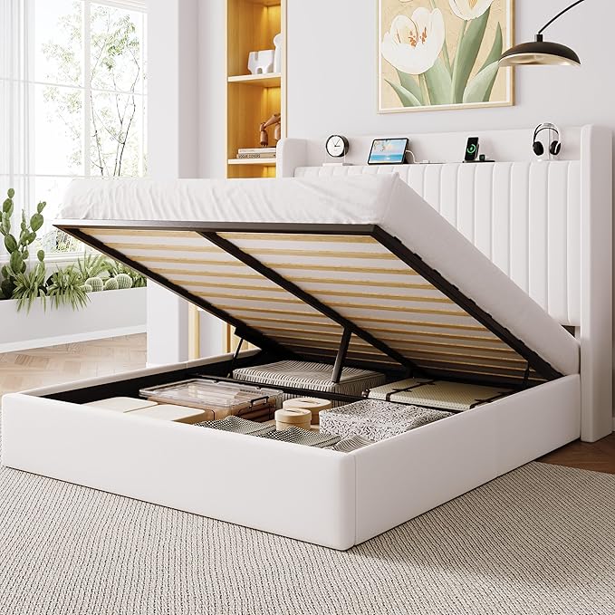 Allewie Queen Size Lift Up Storage Bed Frame,Storage Shelf Headboard with Charging Station,Type-C and USB Ports,Hydraulic Support,Velvet Upholstered Bed Frame,No Box Spring Needed,White
