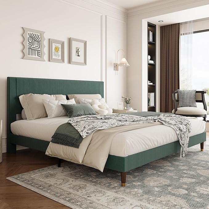 GarveeHome King Size Bed Frame with Upholstered Headboard and Strong Wooden Slats Support, Soft Corduroy Fabric Platform Bed, No Boxing Spring Needed, Easy Assembly, Dark Green