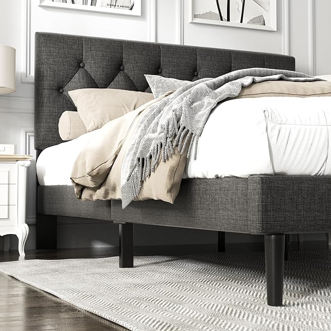 HAOARA Full Size Platform Bed Frame with Upholstered Button Tufted Headboard, Mattress Foundation with Wooden Slat Support, Noise Free, No Box Spring Needed, Easy Assembly, Dark Grey