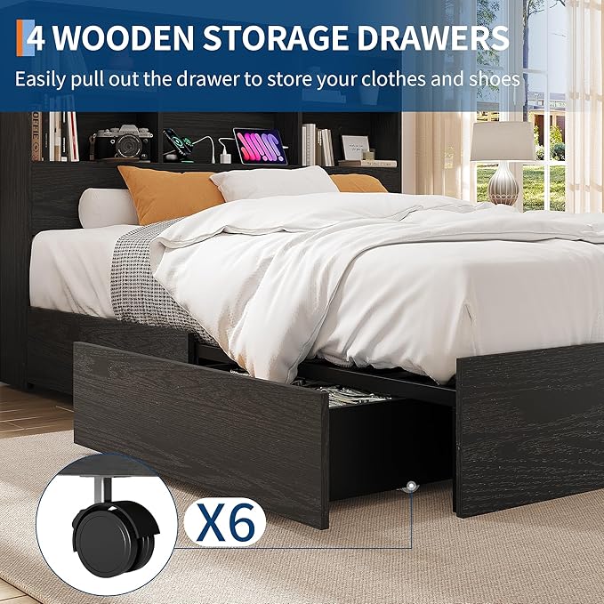 GarveeHome Full Size Bed Frame with High Storage Bookcase Headboard, Wood Bed Frame with 4 Storage Drawers, Built in Charging Station, No Box Spring Needed, Metal Frame, Noise-Free, Vintage Black