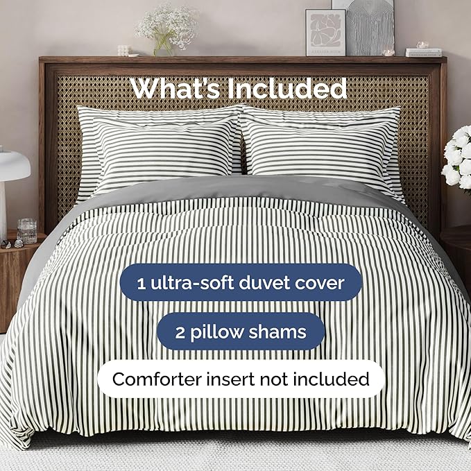 Duvet Cover Full Size Set - Extra Soft Full Duvet Cover 80" x 90" with 2 Pillow Shams - Hotel Luxury, Easy Care & Fade Free with Zipper Closures & Ties - All Season, Comfy & Breathable (Grey Stripes)