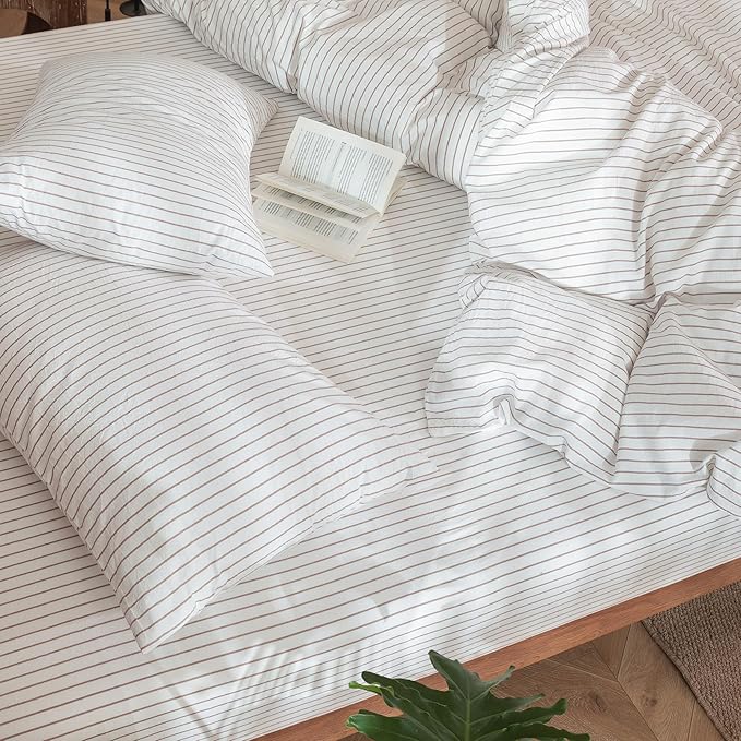 MooMee Striped Duvet Cover Set 100% Washed Cotton Linen Like Textured Breathable Durable Soft Comfy (White Orange Wide Stripes, Super King 108"x98")