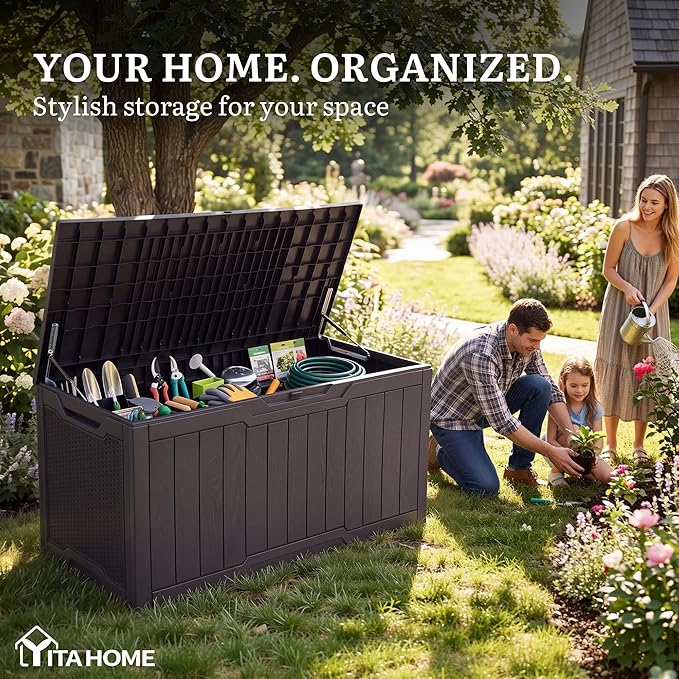 YITAHOME 100 Gallon Large Outdoor Deck Box, Waterproof Resin Storage Box, Lockable Indoor Outdoor Storage Container for Patio Furniture Cushions, Pool Accessories, Garden Tools, Dark Brown
