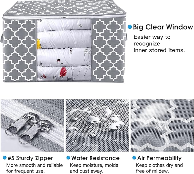 WISELIFE Storage Bags 100L 4-Pack Large Blanket Clothes Organization and Storage Containers for Bedding, Comforters, Foldable Organizer with Reinforced Handle, Clear Window, Sturdy Zippers, Light Grey