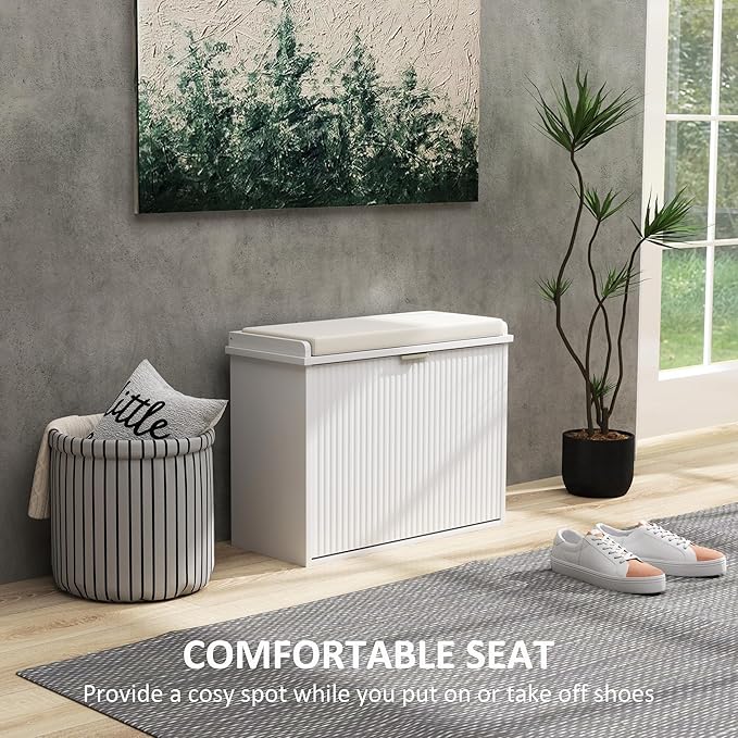 HOMCOM Narrow Shoe Bench with Padded Cushion, Shoe Cabinet with Flip-Drawer and Adjustable Shelf, Small Entryway Bench Holds up to 265lb, 24.4x10.2x18.7 Inches, White