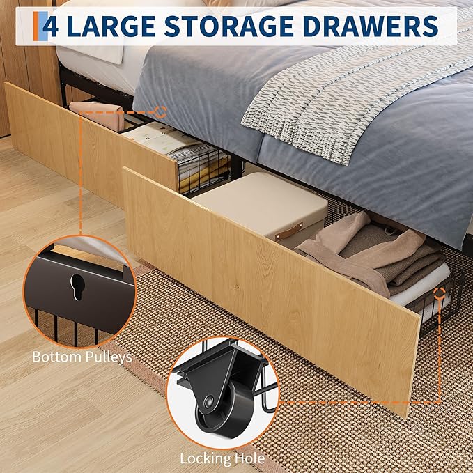 Garvee Full Size Rattan Bed Frame with 4 Drawers, Bohemian Full Rattan Bed Frame with Natural Headboard, Platform Full Size Bed with Wooden Legs, LED Lights, No Box Spring Needed