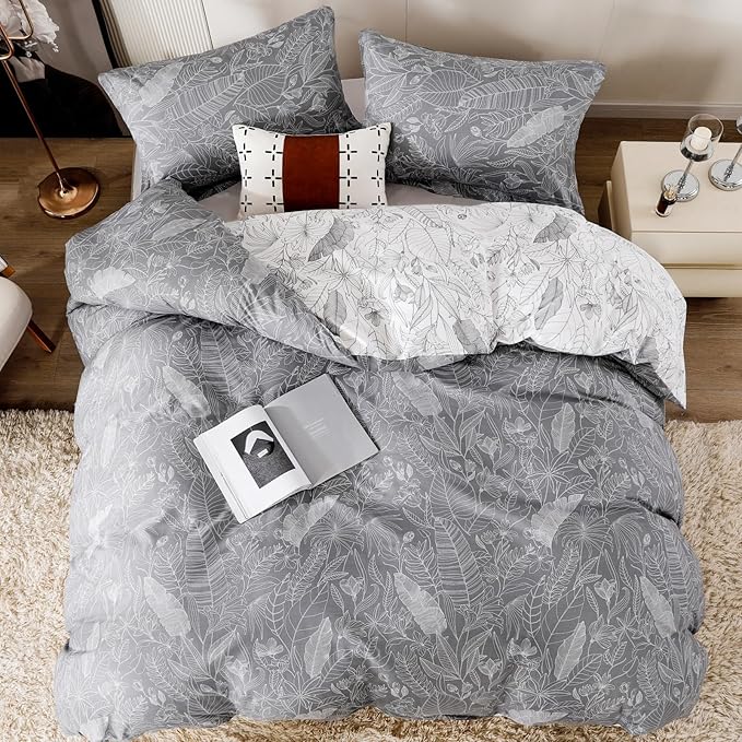 OAITE Duvet Cover Set,100% Cotton Comforter Cover with Leaf Pattern Duvet Cover Set,Soft Bedding Set Includes with 3 Piece (2 Pillow Shams,1 Duvet Cover)