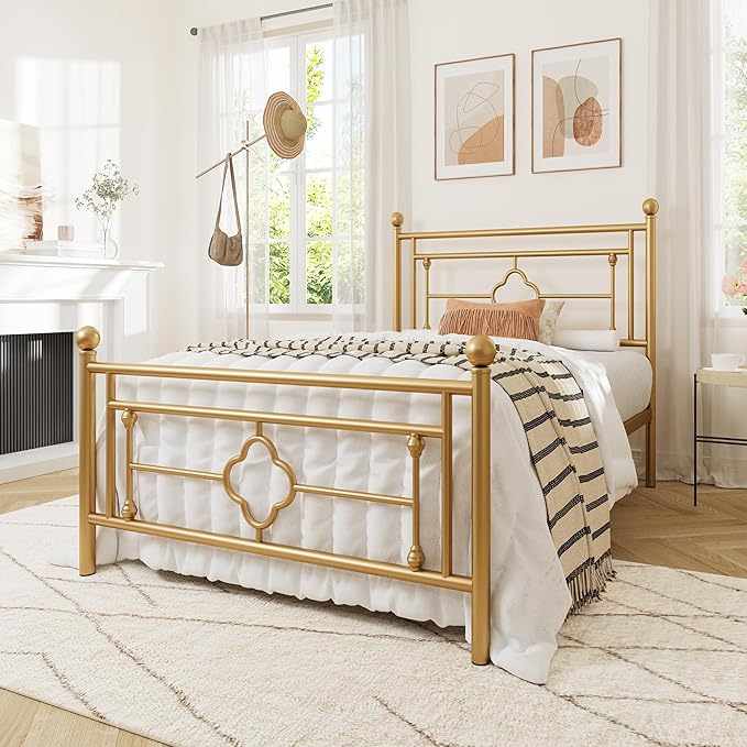 Allewie Twin Size Metal Platform Bed Frame with Victorian Vintage Headboard and Footboard/Mattress Foundation/Under Bed Storage/No Box Spring Needed/Noise-Free/Easy Assembly, Gold
