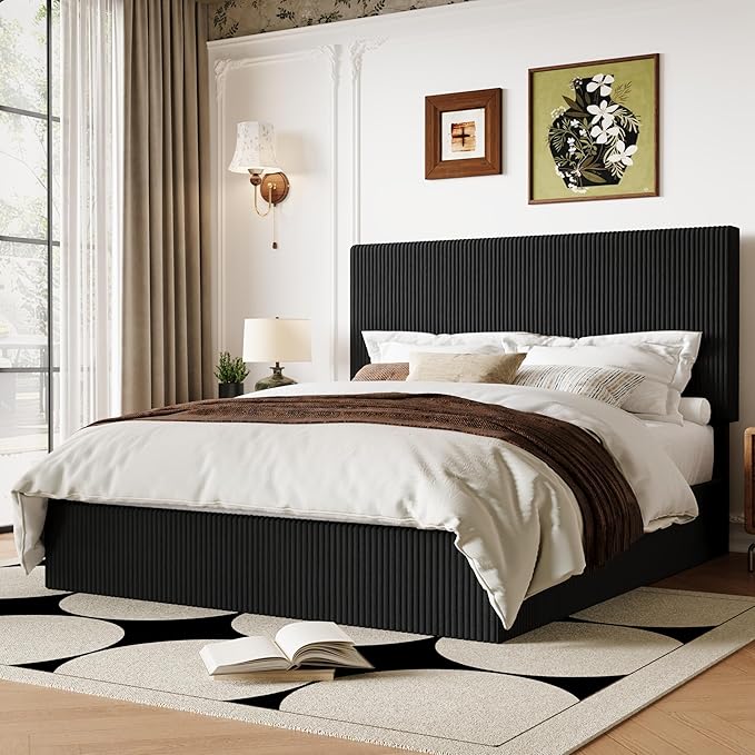 Allewie Queen Bed Frame, Upholstered Platform Bed, Adjustable Vertical Channel Tufted Headboard, Corduroy Fabric, Modern Low Profile, Wooden Slats, No Box Spring Needed, Easy Assembly, Black