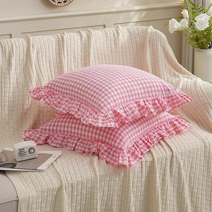 2 Pack Pink/White Plaid Ruffled Checkered Throw Pillow Cover 20 x20 inches, Washed Cotton Vintage Farmhouse Pillow Sham Decorative Gingham Pillowcases for Bed/Living Room