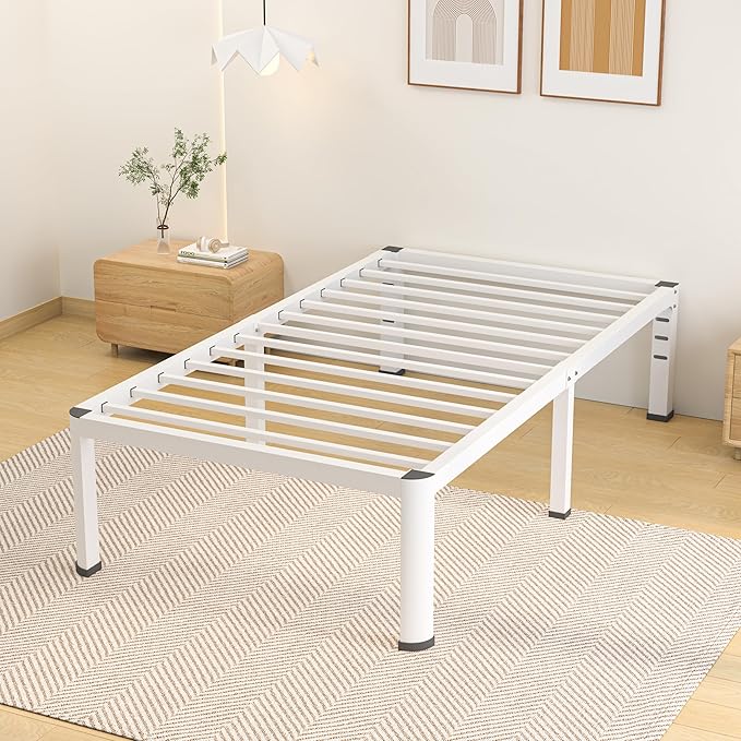 Superay 18 Inch Twin Size Metal Bed Frame with Round Corners, Storage Space Under High Bed Frame-Heavy Duty Steel Slats Support, Noise Free - Easy Assembly - No Box Spring Needed,White