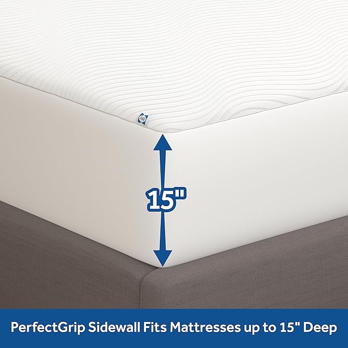 Sealy Complete Protection Waterproof Stain Protection Soft Comfort Top PerfectGrip Stretch Sidewalls Machine Washable Fitted Mattress Protector, Twin Size, White