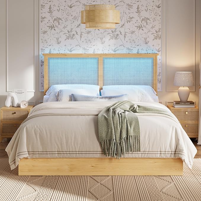 Garvee Queen Size Rattan Bed Frame with 4 Drawers, Bohemian Queen Rattan Bed Frame with Natural Headboard, Platform Queen Size Bed with Wooden Legs, LED Lights, No Box Spring Needed