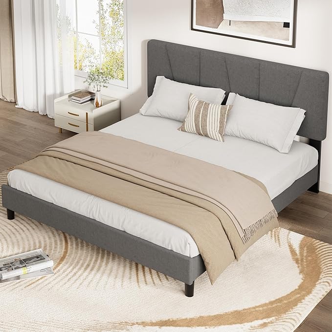 Full Size Upholstered Platform Bed Frame with Adjustable Headboard, Fits 8-14 Inch Mattress, Heavy Duty Bed Frame with Wooden Slats Support, Noise-Free, Non-slip, No Box Spring Needed, Easy Assembly