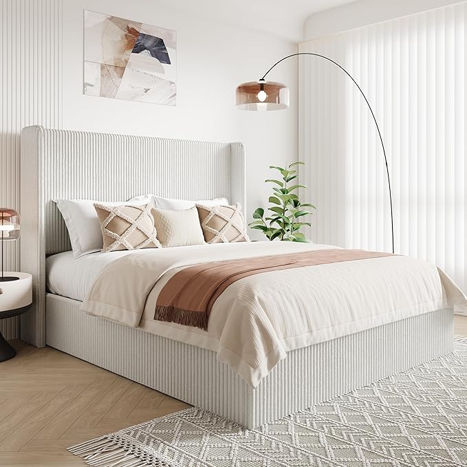 Allewie King Lift-Up Storage Bed Frame with Modern Wingback Headboard, Corduroy Upholstered Platform Bed, Hydraulic Gas Lift Support, Underbed Storage, Wooden Slats, No Box Spring Needed, White