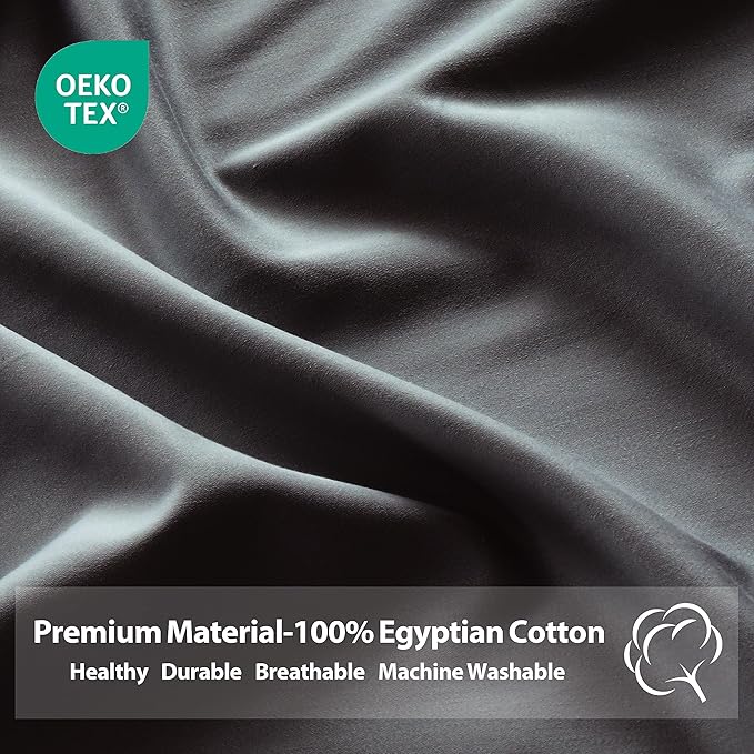 2-Pack Pure Cotton Fitted Sheet Queen Size, 600 Thread Count 16" Deep Pocket Egyptian Cotton Fitted Sheet (2pcs, Queen, Dark Grey)
